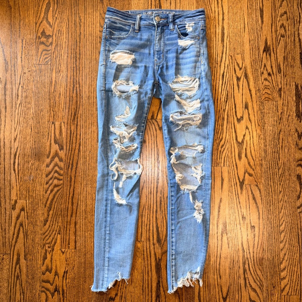 American Eagle Hi-Rise Jegging Distressed‎ Skinny Jeans 4 Medium Wash Blue